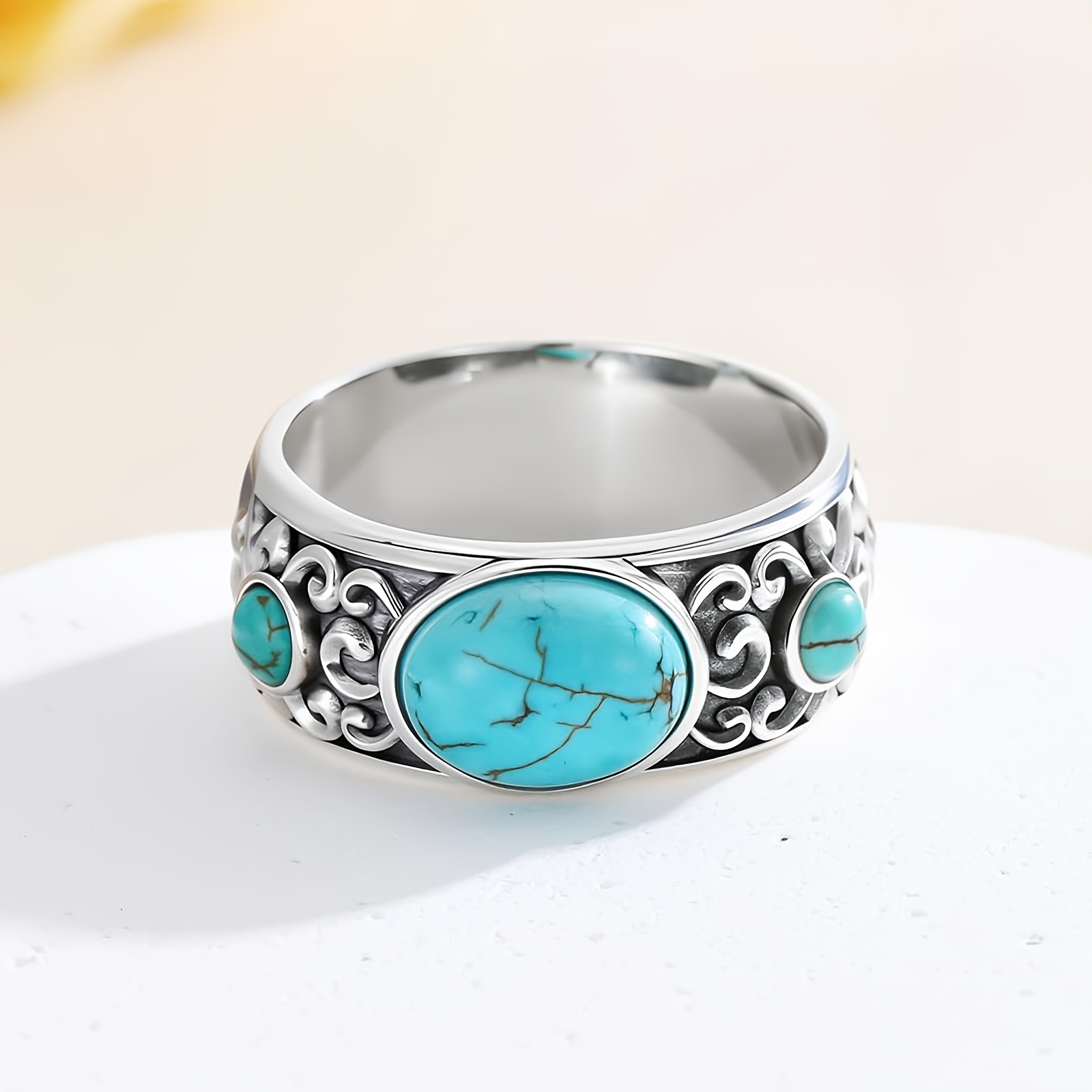 Women's Retro Unique Carved Ring with 3pcs Turquoise Inlay